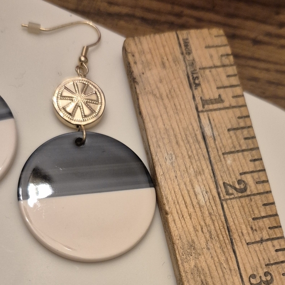 Black and White Round Earrings with Gold Accents - Picture 3 of 3